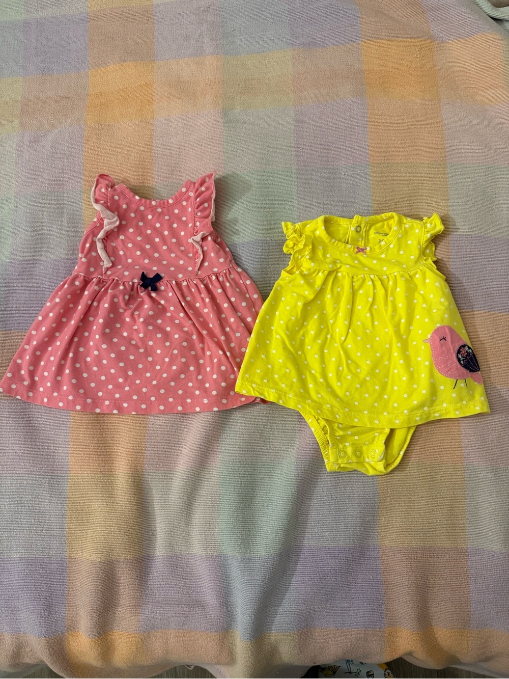 Pink polka dot dress and yellow polka dot romper 3-6 months